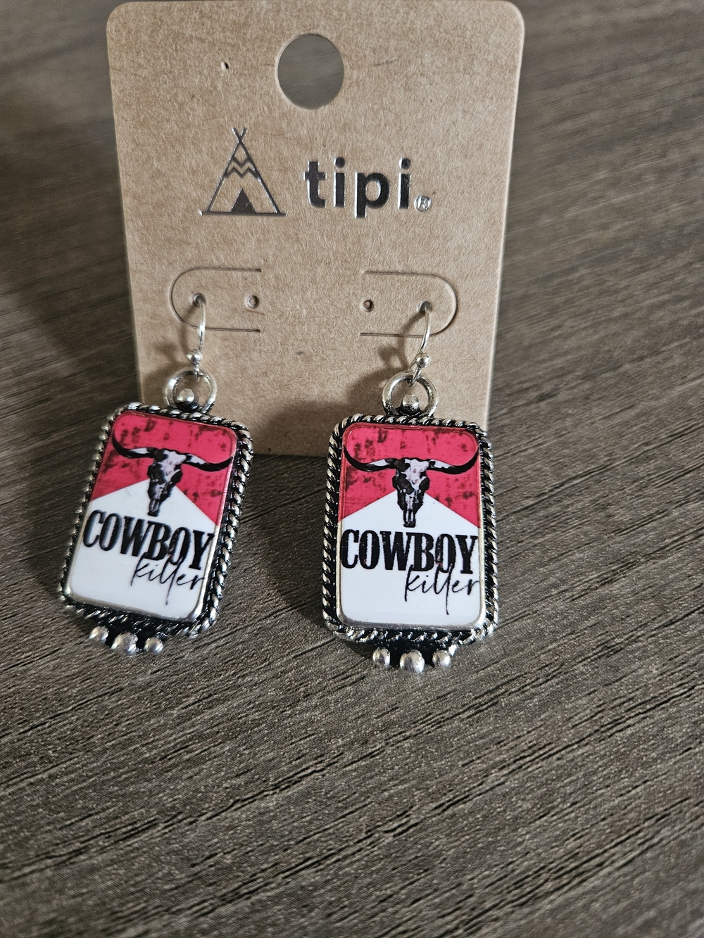 Tipi 'Cowboy Killer' Red & White Dangle Earrings-Punchy Western-NWT